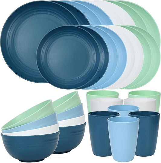 Quatish 32 Piece Plates and Bowls Sets for 8, Unbreakable Dinnerware Sets, Plastic Dish Set for Camping, Dishwasher & Microwave Safe, Outdoor Kitchen and Apartment Dinning RV Essentials, Blue