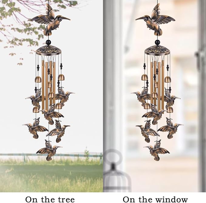 Hummingbird Wind Chimes for Garden, Gifts for Mom, Home, Balconies, Room, Patio, Indoor, Outdoor Hummingbirds Decoration, Hummingbird Wind Catcher, Bronze Memorial Wind Bell, Bird Wind Chimes Decor