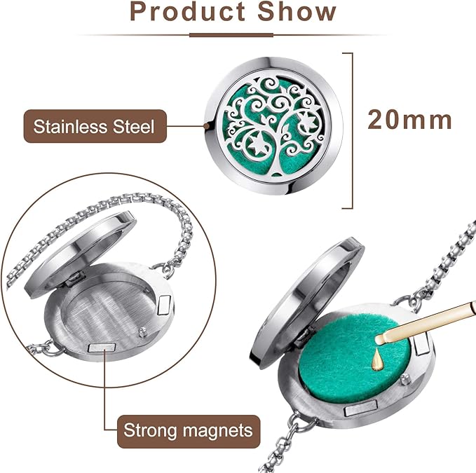 ttstar Essential Oil Diffuser Bracelet Stainless Steel Aromatherapy Locket Adjustable Diffuser Bracelet with 24pcs Refill Pads in 12 Colors Gift Set for Women Girls Mother's Day Christma(Tree of Hope)