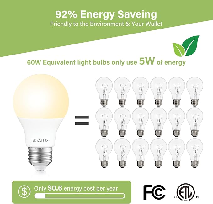 Sigalux EnergyPro, High-Efficiency LED Light Bulbs 60 Watt Equivalent A19 Standard Base, Non-Dimmable Efficient 5W, 2700K Soft White Bulb E26,750 Lumens,10,000 Hour Lifetime,16 Packs