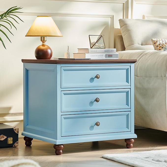 Farmhouse Nightstand Set of 2 with Charging Station, 24" Wide End Table with 3 Drawers,Dresser for Bedroom,Bed Side Table Chest of Drawers Cabinet,Wood Light Blue Night Stand for Living Room