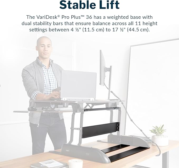 Vari Varidesk Pro Plus 36 Standing Desk Converter for Home Office – 11 Height Settings + Spring-Loader Lift, 2 Tier Design with Keyboard Tray, Fits Tables 26.5" Deep – Fully Assembled (Espresso)
