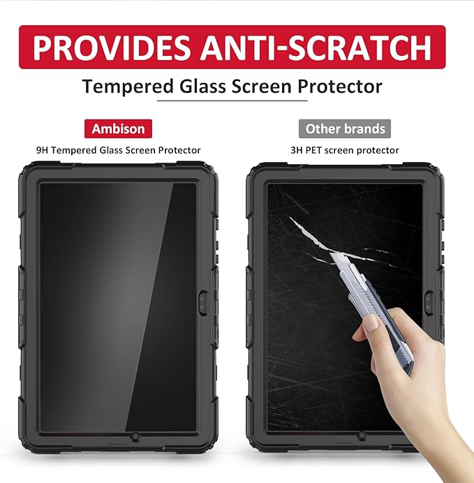 Ambison Case for Samsung Galaxy Tab A9+ Plus 11'' 2023, [Kids Proof] Full Body Protective Case with 9H Tempered Glass Screen Protector, 360° Rotatable Kickstand & Hand Strap (Black)