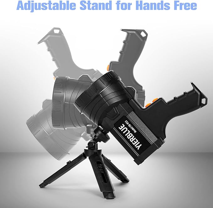 YIERBLUE Rechargeable Spotlight, Super Bright High Lumen LED Handheld Spotlight Long Lasting Large Flashlight Searchlight and Flood Camping Flashlight with Foldable Tripod Black