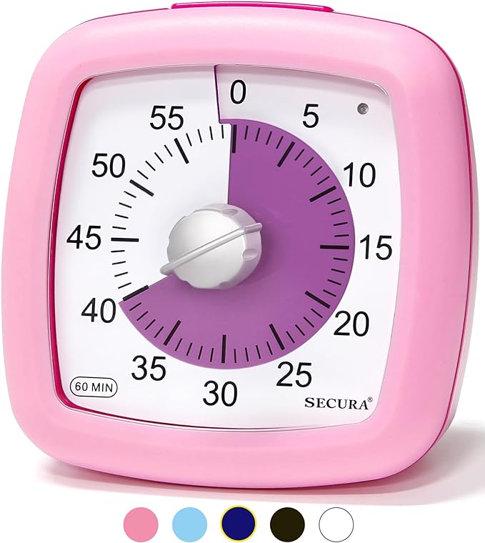 Secura 60-Minute Visual Timer, Silent Study Timer for Kids and Adults, Time Clocks, Time Management Countdown Timer for Teaching (Pink)