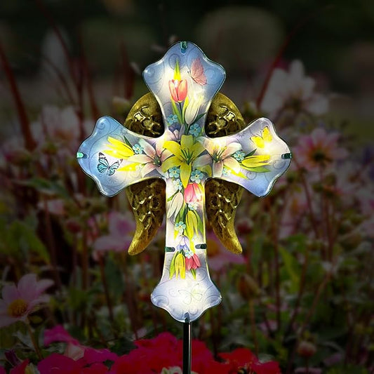 Solar Cross Garden Stake Lights for Outdoor Garden,Cemetery,and Yard Decor,Angel Wings Cross Solar Christmas Lights Outdoor,Memorial Gifts Lily