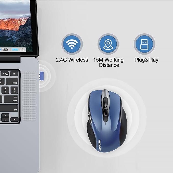 TECKNET Rechargeable Wireless Mouse, 2.4G Silent Quiet Click, 6 Adjustable 4800 DPI, Cordless Computer Mouse, Ergonomic Mouse for Laptop, 6 Buttons USB for Chromebook, Ergo Grip - Blue