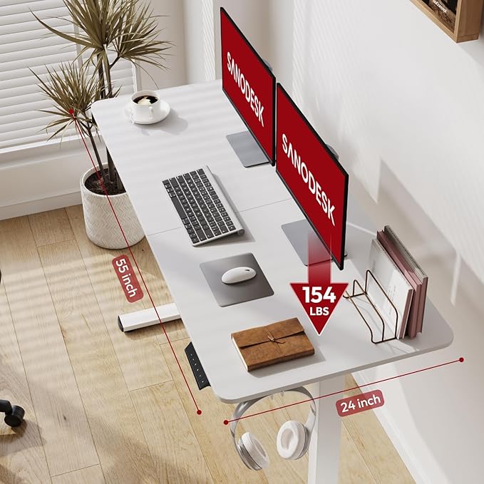 SANODESK Electric Standing Desk 55x24 Inch Height Adjustable Stand Up Desk Home Office Computer Workstation Sit Stand Home Office Desk with Splice Board (White Frame + White Top)