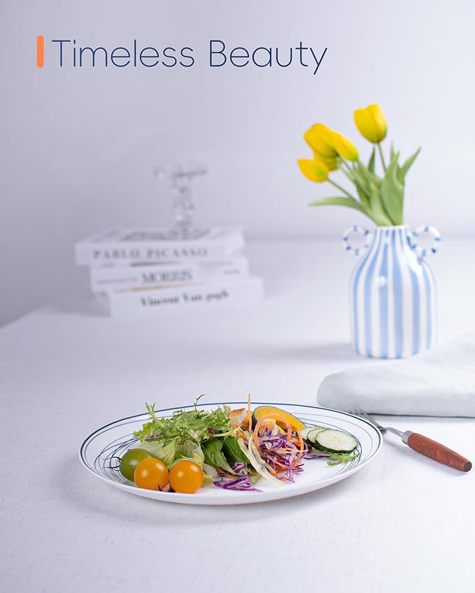 10.5 inch Dinner Plate Set of 6, Lightweight Round Opal Glass Dinnerware Plates, Dishwasher and Microwave Safe, Blue Modern Geometric Design