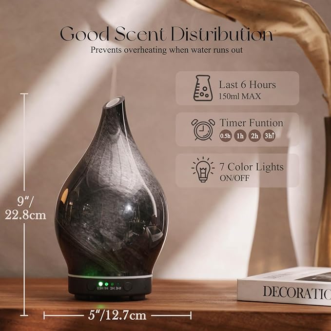 Porseme 150ml Essential Oil Diffuser Glass Color Changing Aroma Air Diffusers Aromatherapy Ultrasonic Cool Mist Humidifier 6 Running Hours Waterless Auto-Off for Sleeping Yoga Office Spa (Obsidian)