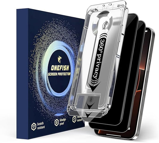 OneFish 2 Pack Privacy Screen Protector for iPhone 15 Pro - 4-Way 360° Anti-Spy Tempered Glass, 9H Hardness, 3D Curved Edges, Case-Friendly & Easy Installation