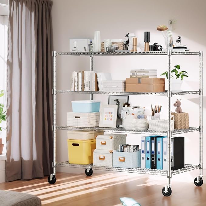 Himimi 4 Tier Wire Shelving with Wheels Heavy Duty Height Adjustable Metal Shelves for Storage, Commercial Grade Steel Utility Wire Rack for Kitchen Garage Pantry Organization-24×48×72, Silver