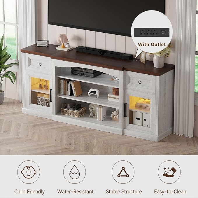 Farmhouse TV Stand, 70" Modern TV Stand with LED Lights & Outlet, 2 Drawers, Transparent Doors, Entertainment Center with Adjustable Shelves for Fireplace(36" Wx15 H), Antique White