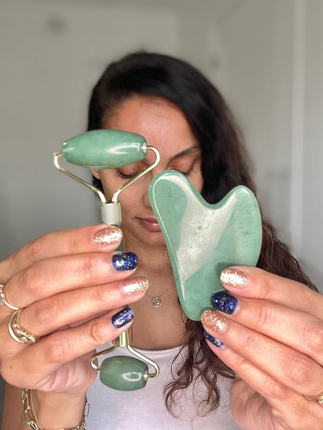 ROSELYNBOUTIQUE Gua Sha Facial Tools & Face Roller Original Face Massager for Puffiness Wrinkless Skin Care Routine - Self Care Gift for Men Women (Aventurine)