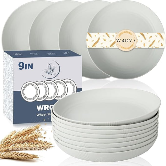 Wheat Straw Plates - 9 Inch Unbreakable Dinner Plates Set of 8 - Dishwasher & Microwave Safe Plastic Plates Reusable for kitchen and camping (light grey)