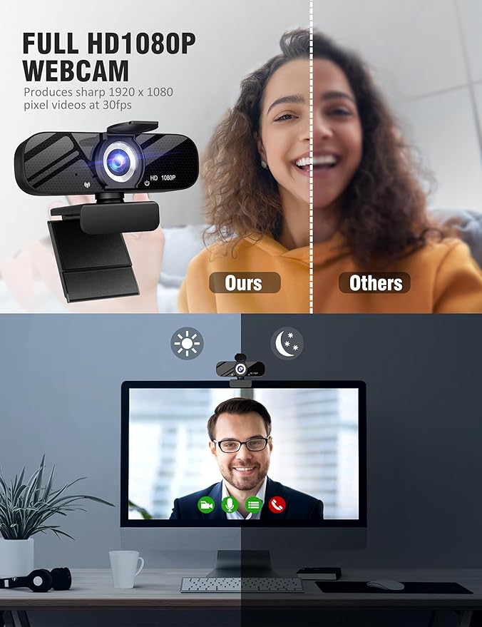 Full HD Webcam with Built-in Microphone and Rotatable Tripod, 1080P Video and Wide Angle Camera, Privacy Cover, for Desktop PC or Laptop Computer