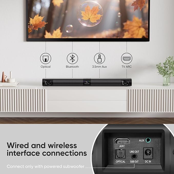 Sound Bar for Smart TV, 80W Soundbar with Four Woofers, Dual Horn Tweeters, 2.0 Channel TV Speaker, 2 in 1 Detachable Design, BT/ARC/AUX/Optical Connection, Surround Sound System for TV