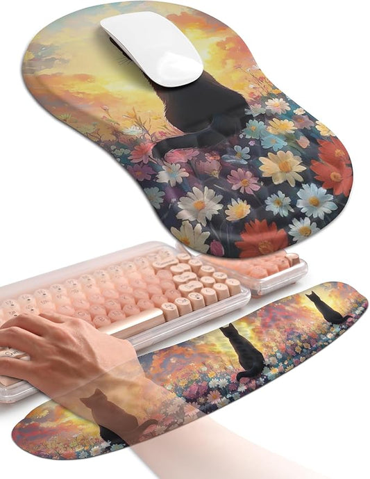 Hokafenle 2in1 Combination, Wave Keyboard Wrist Rest and Ergonomic Curvature Mouse Pad Wrist Support for Relieve Wrist Pain, Filled with Soft Cushion Memory Foam, Wishing Cat