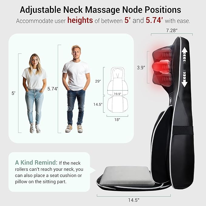 Mynt 2D & 3D Shiatsu Neck and Back Massager for Chair with 10 Deep Kneading Nodes, Back Massage with Heat, Portable Spot Massage Chair Pad (Black)