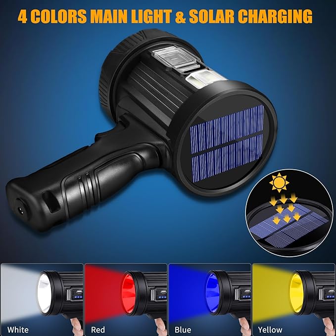 Rechargeable Spotlight, 99000 Lumens Bright LED Spotlight Flashlight, Long Running Spot Light Searchlight, Outdoor Handheld Spotlights with Solar Panels for Hunting,Camping,Boat,6 Spotlight Modes