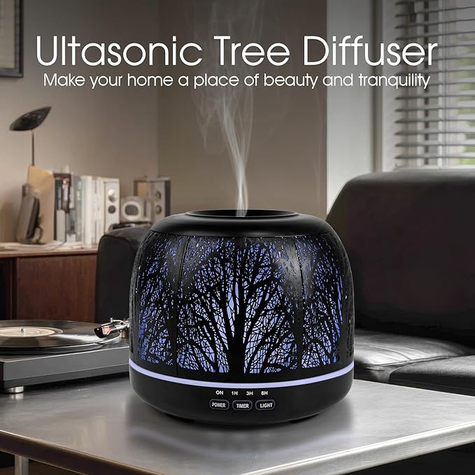 500ml Essential Oil Diffuser, ARVIDSSON Metal Diffusers for Essential Oils, Aromatherapy Diffuser for Large Room, Color Mood Light & Mist Timer Setting, Gift for Women - Black Tree