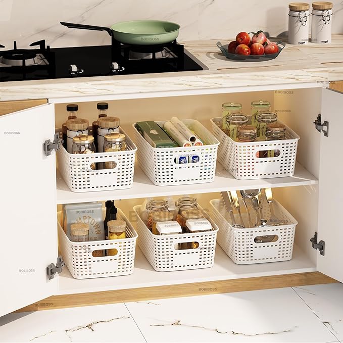 White Plastic Storage Baskets with Lids 10 Pack Stackable Storage Bins Containers for Shelves Organizing, Cute Decorative Storage Boxes for Classroom, Playroom, Closet, Pantry