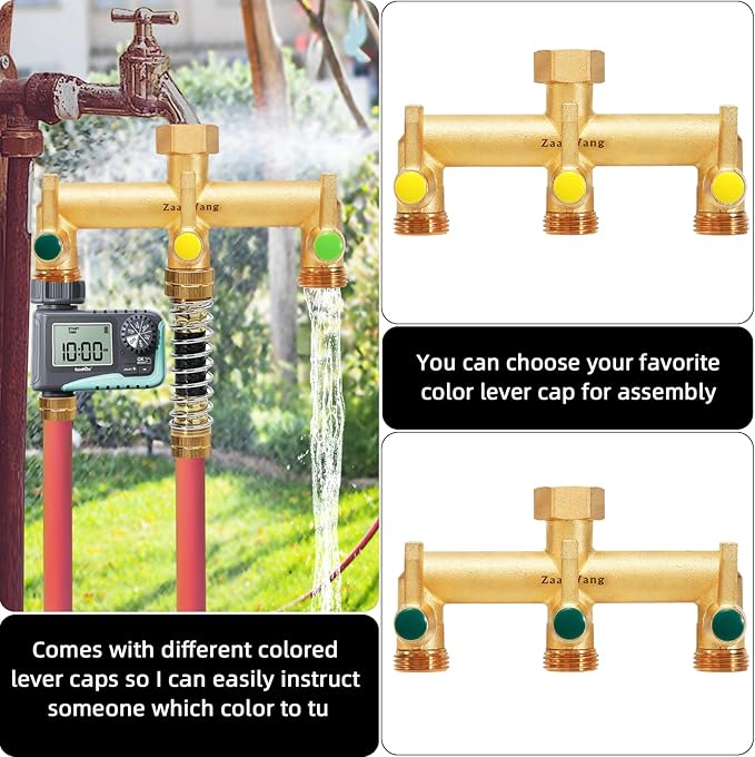 Heavy Duty Brass 3-Way Garden Hose Splitter with Metal Shutoff Valve and Long Handle Outdoor Faucet Diverter, 3/4’ GHT Threads