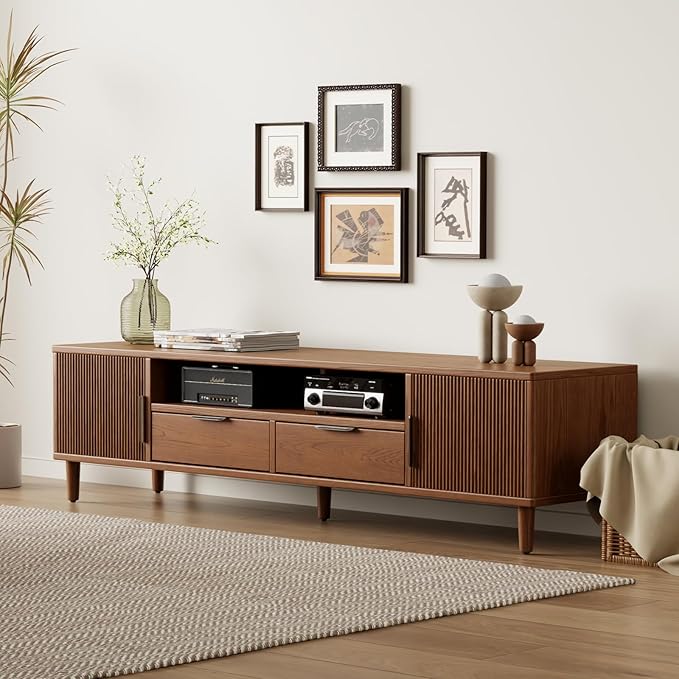 Mid-Century Modern TV Stand Fits TVs up to 60,Fluted TV Consoles Storage Doors and Cable Management,Entertainment Center tv Stands, for Living Room, Bedroom, Dining Room-Walunt