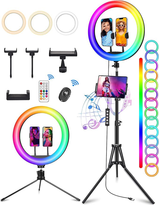 STALLY 13.3" Ring Light with Stand, Music Mode, 75" Tall with 3 Phone Holder, 3 CCT Modes & 48 RGB Color Modes, Ring Light Tripod for iPhone with Wireless Remote, Great for Photograph/Makeup/TikTok