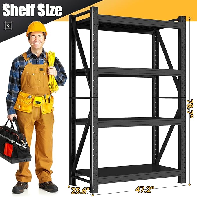 4000LBS Garage Shelving Heavy Duty, 48” W Storage Shelves, 4-Tier Adjustable Metal Storage Shelves, Steel Industrial Shelving Unit, Metal Shelving for Garage, Basement, Warehouse (Black, 47.3x24x79in)