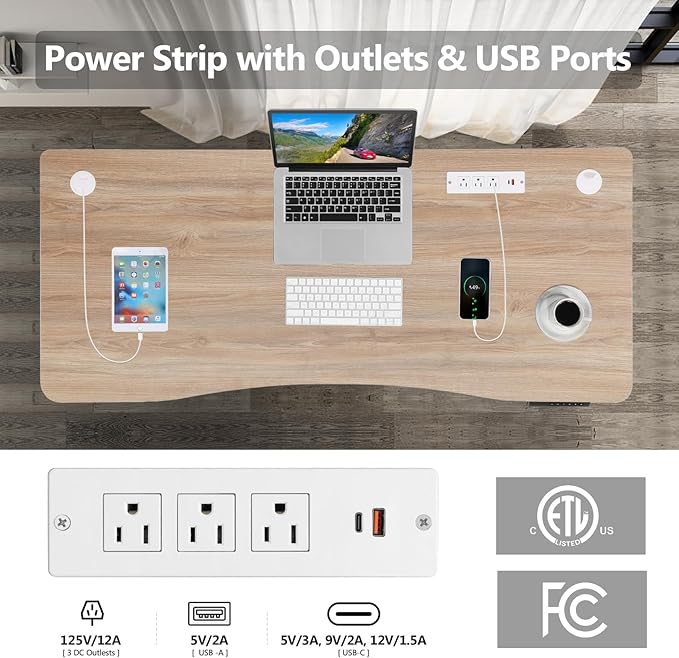 farexon Electric Standing Desk Adjustable Height,63x24 Inches Stand Up Desk, Ergonomically Curved Desktop with Outlet, Lockable Casters,27.''-46'' Lifting Range Home Office Computer Desk(Oak Gray)