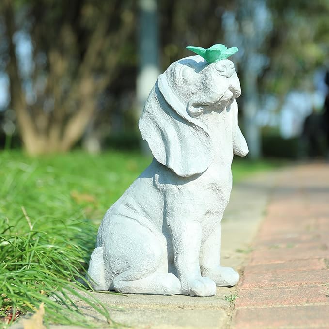 Garden Statue Dog Figurines - Outdoor Dog Statue with Solar Butterfly Lights for Patio Yard Art Decor Balcony Lawn Ornament. Ideal Housewarming Gardening Gifts for Dad Mom