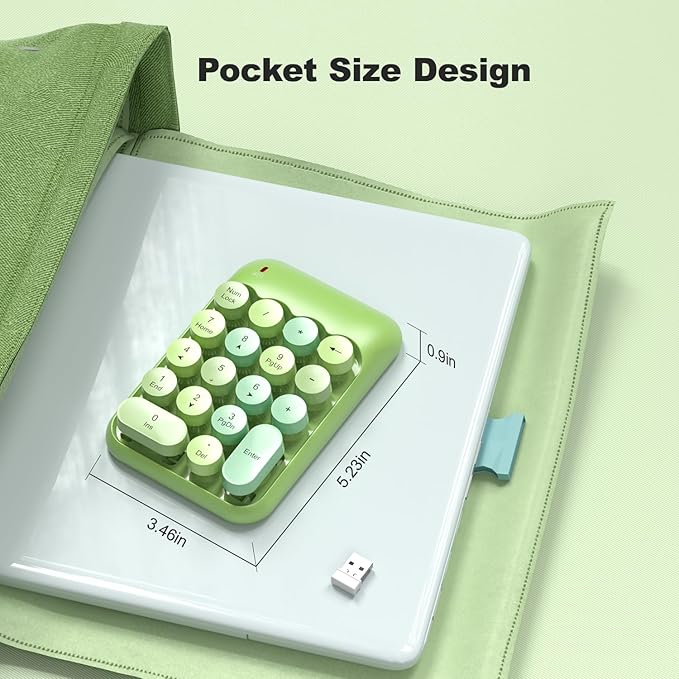 Wireless Number Pads, Cute Colorful Numeric Keypad Numpad Portable 2.4 GHz Financial Accounting Number Keyboard Extensions, 18 Key Number Numpad for Laptop Desktop, PC (Green)