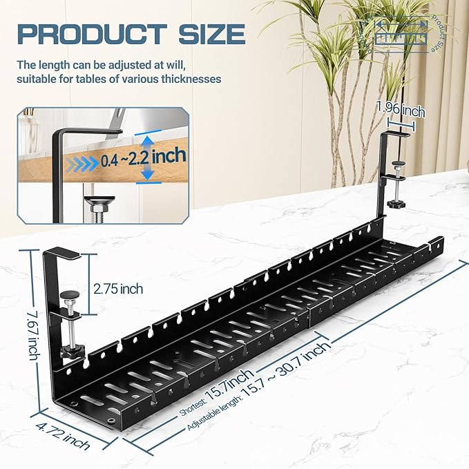 Shikha Under Desk Cable Tray, 15.7"-30.7" Retractable Under Desk Cable Management, No Drilling Cord Organizer with Clamp, Wire Management for Home Office -Black