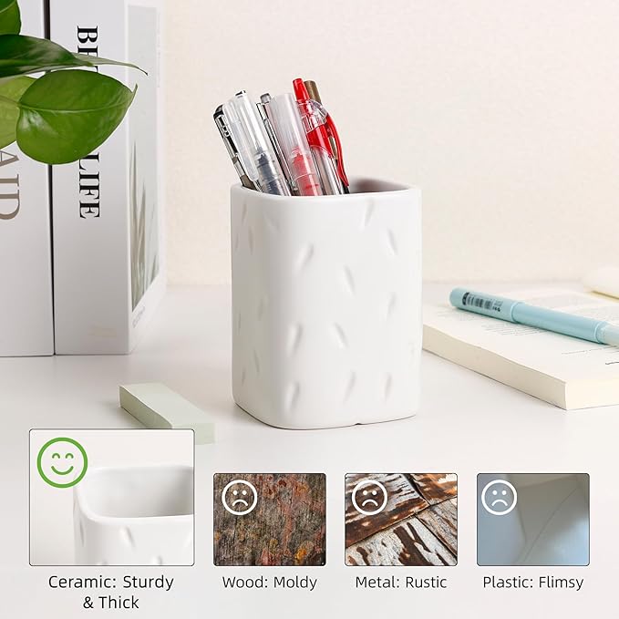 Ceramic Pen Holder for Desk, Makeup Brush Holder, Pencil Holder Stand, Pencil Cup Pot with Raindrop Design, Dual Use Desktop Organizer for Office, Home, School, Vanity