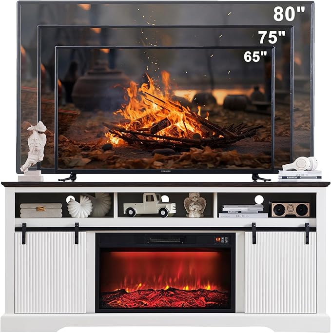 Fluted Fireplace TV Stand for TVs Up to 80 Inch with 30" Electric Fireplace, Modern Entertainment Center w/Waveform Panel Sliding Door & Adjustable Shelves, Media Console for Living Room (White)
