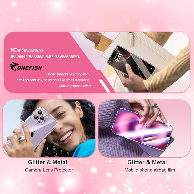 OneFish Women Fashion Screen Protector for Iphone 13 with Camera Lens Protector,Diamond Bling Full Edge Coverage, HD Clarity Tempered Glass Film with Installation Frame, 9H Glass Scratch Resistant