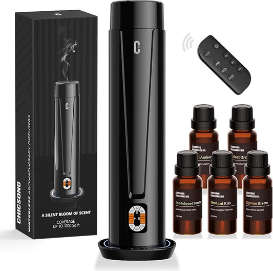 Waterless Scent Diffuser – 1200 Sq Ft Coverage, Essential Oil Diffuser with Remote Control, Quiet Aromatherapy Diffuser with LED Light & Timer, Scent Air Machine for Home, Office, Hotel