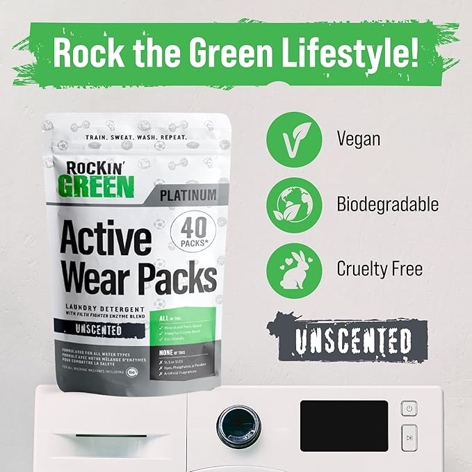 Rockin' Green Laundry Detergent Pods, Plant-based, All Natural, Vegan & Biodegradable Odor Fighter, Safe for Sensitive Skin (Unscented, Active Wear 40 Pods)