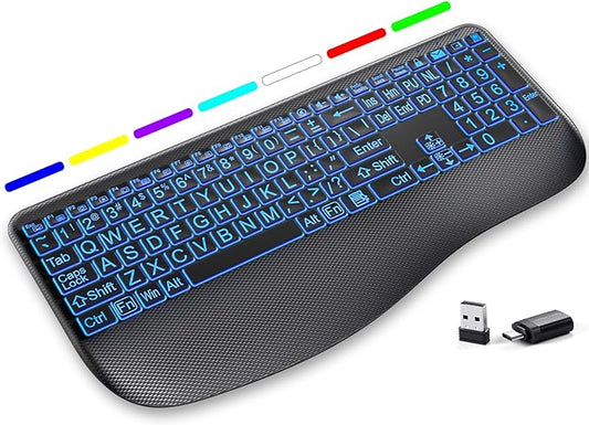 Large Print Backlit Wireless Keyboard – Silent Keyboards with Wrist Rest, 7-Color Light up, Quiet Low Profile Keys, 2.4G Wireless Rechargeable Full Size Keypad for Computer Laptop Windows Mac, Black