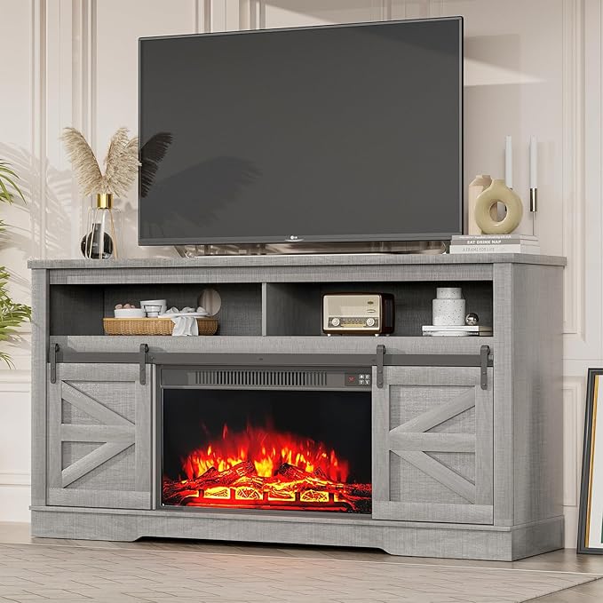 YESHOMY Fireplace TV Stand for Television up to 65+ Inch with Storage and Farmhouse Sliding Barn Doors, Entertainment Center with Cabinet and Shelves, Media Console for Living Room, Gray