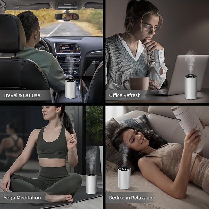 Waterless Essential Oil Diffuser Aromatherapy Scent Diffusers for Home Large Room, Bedroom, Car, Office, Desk, Battery Operated Mini Portable Air Freshener, Included 120ml Essential Oil, Silver