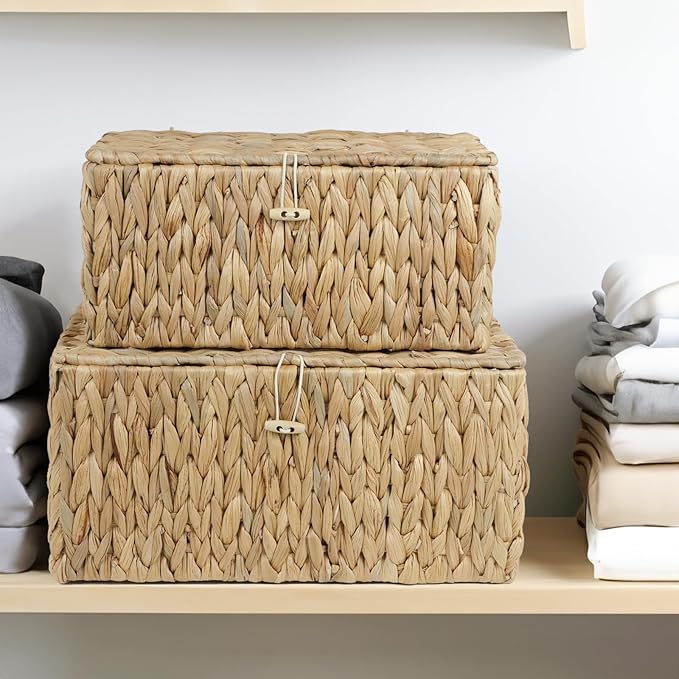 Set of 2 Wicker Basket with Lid, Rectangular Water Hyacinth Storage Baskets for Organizing, Decorative Woven Basket Bins Boxes for Organizing Home (14.2" x 9.4" x 7" + 12.2" x 7.8" x 6")