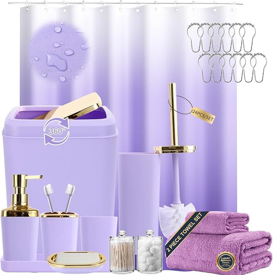Purple Bathroom Accessories, 24 Pieces Purple and Gold Bathroom Accessories Set with Shower Curtain, Bath Towels, Trash Can, Soap Dispenser and Soap Dish for Bathroom/Housewarming