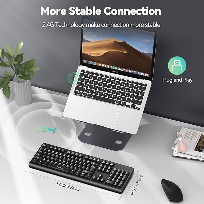 TECKNET Wireless Keyboard, 2.4G Silent Full-Size USB Keyboard with Number Pad, Ergonomic Keys & Foldable Feet, Compatible with Laptop, PC, Desktop, Surface, Windows 11/10/8/7 – QWERTY US Layout, Black