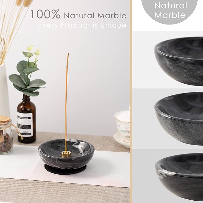 Incense Holder, Beautiful Natural Marble Incense Burner for Meditation, 9 Incense Holes Suitable for Most Types (Black)
