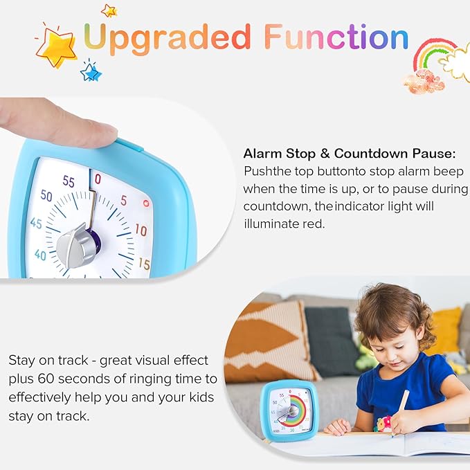 Secura 60-Minute Visual Timer, Silent Study Timer for Kids and Adults, Time Clocks, Time Management Countdown Timer for Teaching (Blue & Cloud)