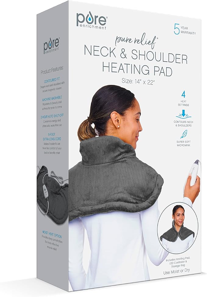 Pure Enrichment PureRelief Neck & Shoulder Heating Pad - 4 Heat Settings, Auto Shut-Off, Universal Fit, Magnet Closure, Soft Micromink, Storage Bag, 5-Year Warranty, Machine Wash (Charcoal Gray)