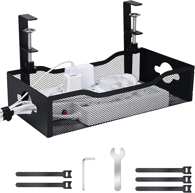 Large Under Desk Cable Management Tray - Heavy Duty Metal Cord Organizer with No Drill Installation for Office & Home Office Desks to Hide Wires & Power Strips (Black, XL)