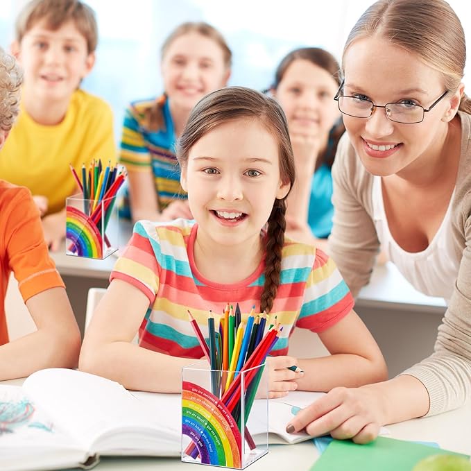 Sherr 5 Pcs Pencil Shaped Pen Holders, Acrylic Pencil Organizer Cups, Cute Creative Stationery Storage, Appreciation Gifts for Teacher Student School Classroom Office Home Desktop Supplies (Rainbow)